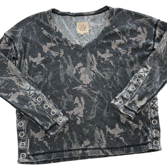 Chaser Shirt Womens X Small Gray Camo Vintage Rib‎ V Neck Top Snap Detail - Picture 2 of 9